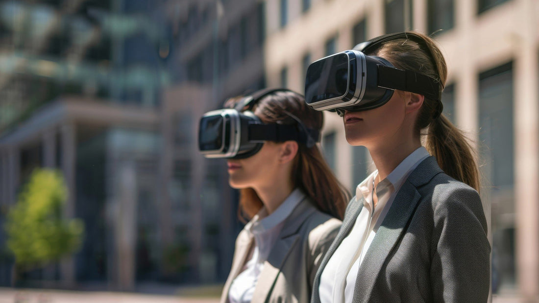 two women outside wearing gray blazers and AR headsets