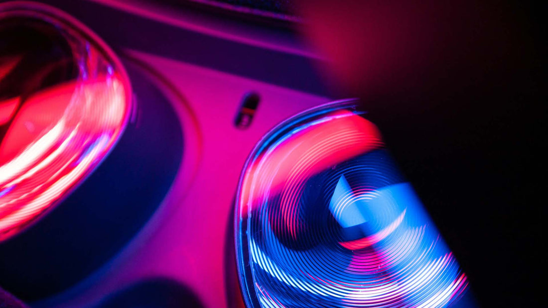a close-up shot of an augmented reality glasses in colorful lighting