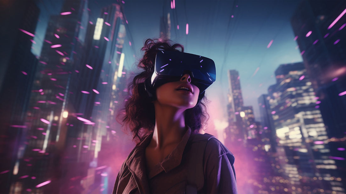 an illustration of a woman wearing a visual display glasses in the middle of a virtual world