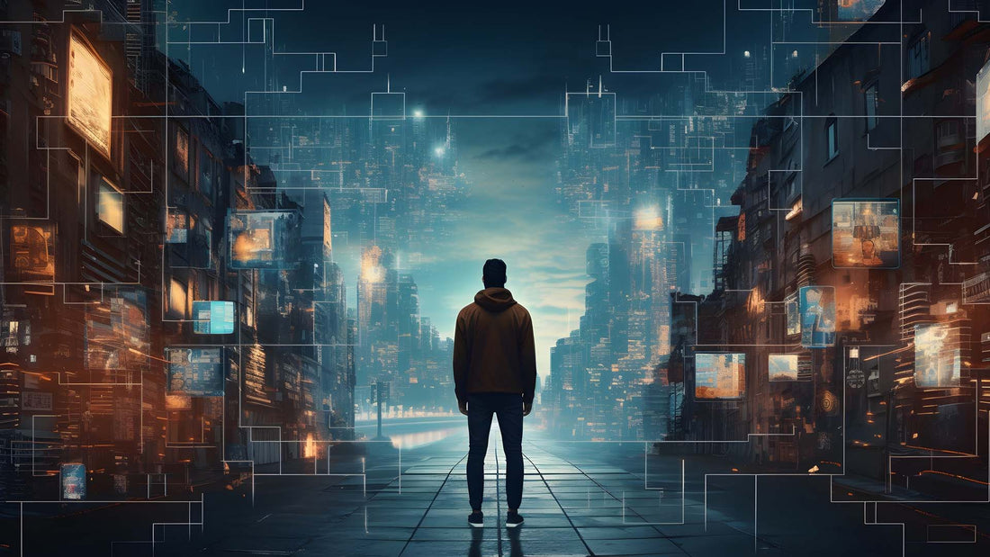 man standing in a city surrounded by digital graphics