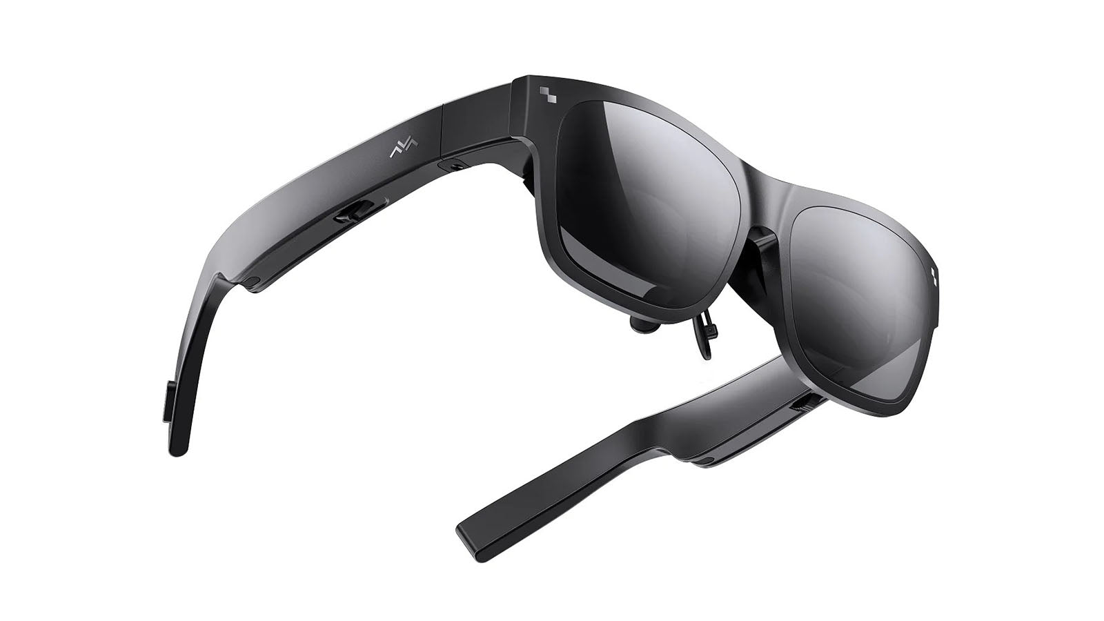 A pair of black RayNeo AR glasses against a white void.