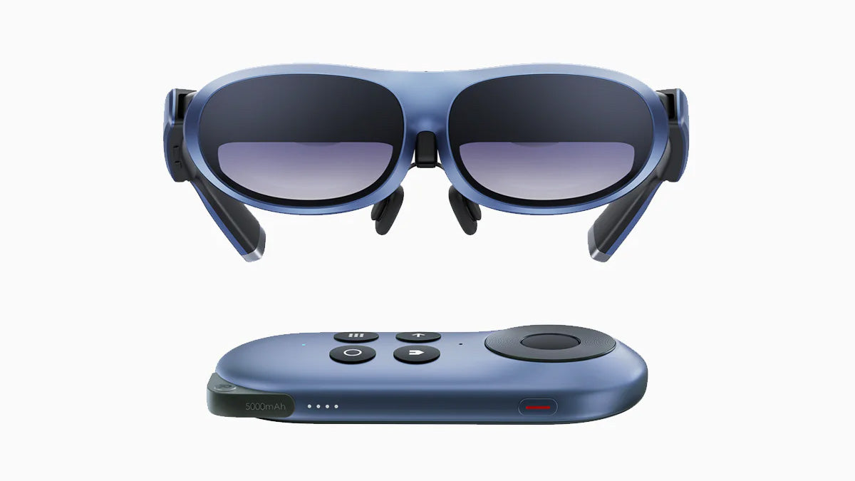 A pair of sky blue Rokid Max AR glasses floating above the Rokid Max control remote.